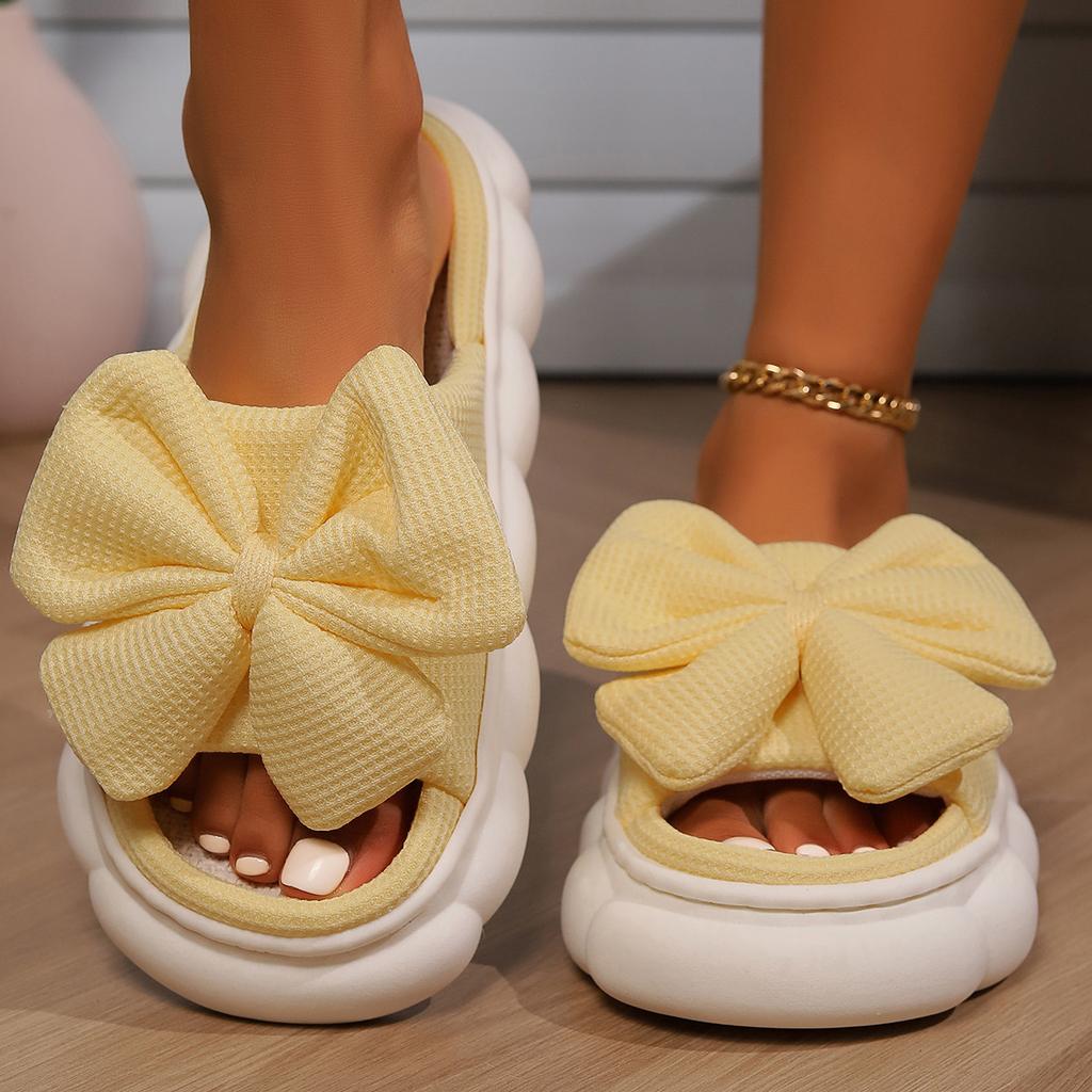 Fashion Fashion White Bowknot Home Slippers for Women Open Toe Thick Soft Sole Platform Shoes Woman Comfort Indoor House Linen Slippers