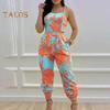Women Jumpsuit Sleeveless Color Matching Printed Lace-up Bow Cross Back Pockets Ankle-banded Backless High Waist Lady Commute Party