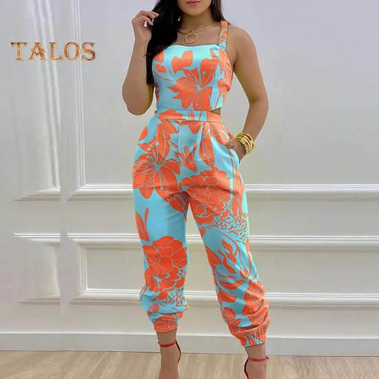 Women Jumpsuit Sleeveless Color Matching Printed Lace-up Bow Cross Back Pockets Ankle-banded Backless High Waist Lady Commute Party