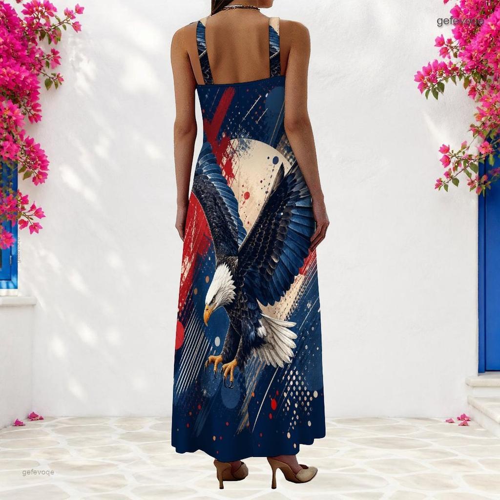 Women Plus Size Scoop Neck Strappy Sleeveless Red Blue White Galaxy Star Printed A Line Long Dress