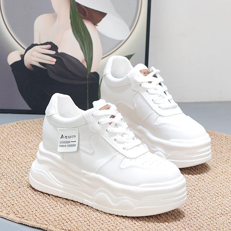 Fashion 8CM Cow Genuine Leather Comfy Casual Autumn Ladies Vulcanize Women Chunky Sneakers Breathable Platform Wedge High Brand