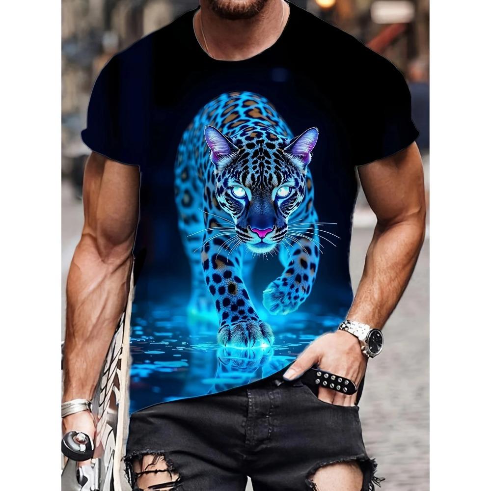 Fashionable Men's Loose T-Shirt with Animal Pattern, Short Sleeve, Crew Neck, Street Style Clothing