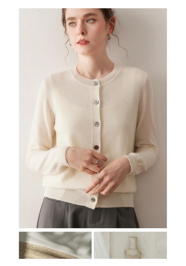 Women's 100% Pure Cashmere Round Neck Cardigan - Single-Breasted, Short Loose Knit Sweater