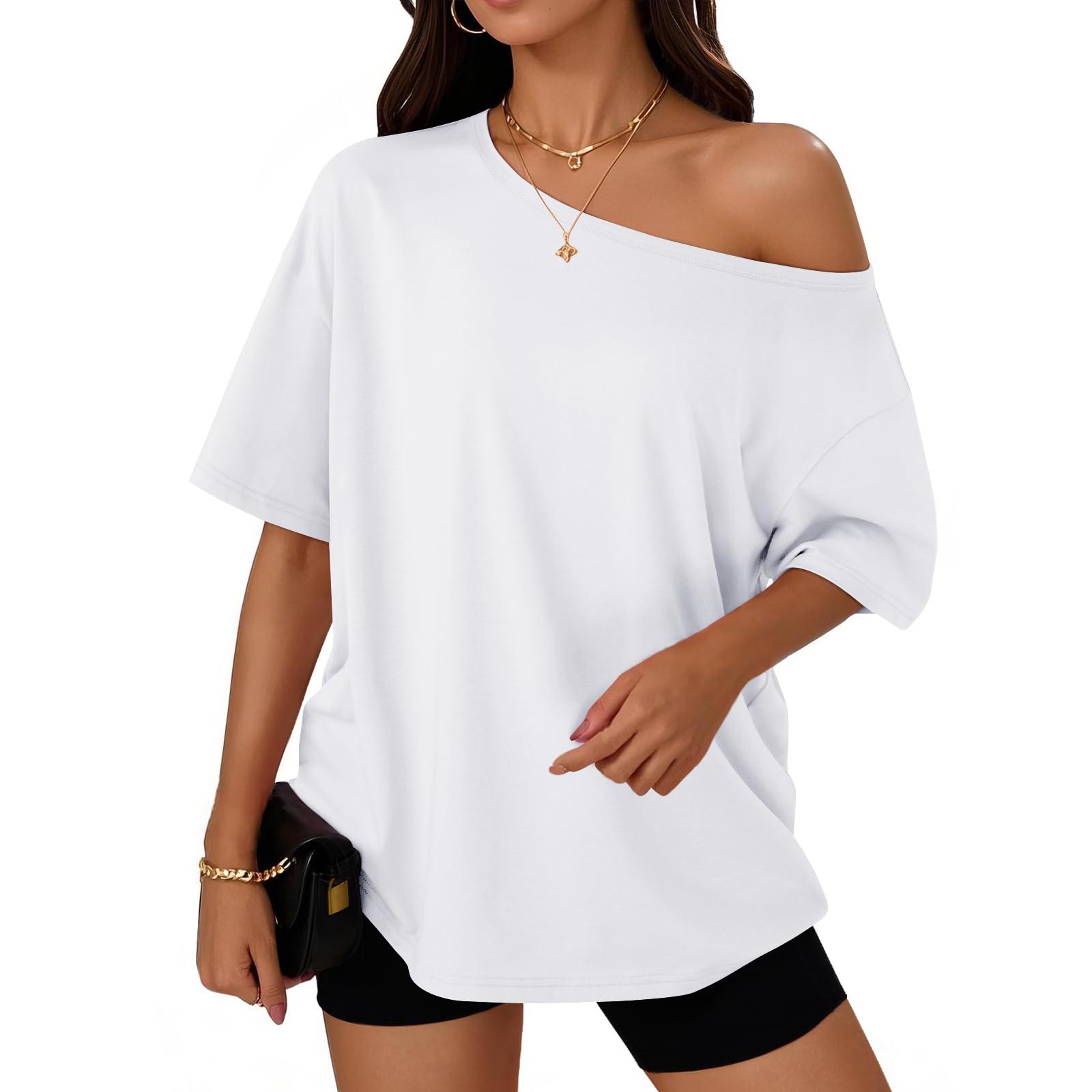 

Women s Fashion Off-Shoulder T-Shirt Solid Color Loose-Fit Short Sleeve Top XL белый