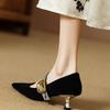2025 New Ladies Women's Black Suede Pointed Toe Mid-Heel Casual Office Shoes - Snake-Print Instep Strap with Gold Buckle
