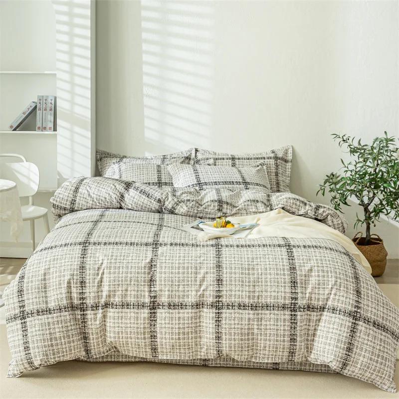 Cute Bear Bedding Set No Filler Ins Korean Style Khaki Brown Striped Comforter Covers Queen Size Kids Adult Soft Thick Bedding