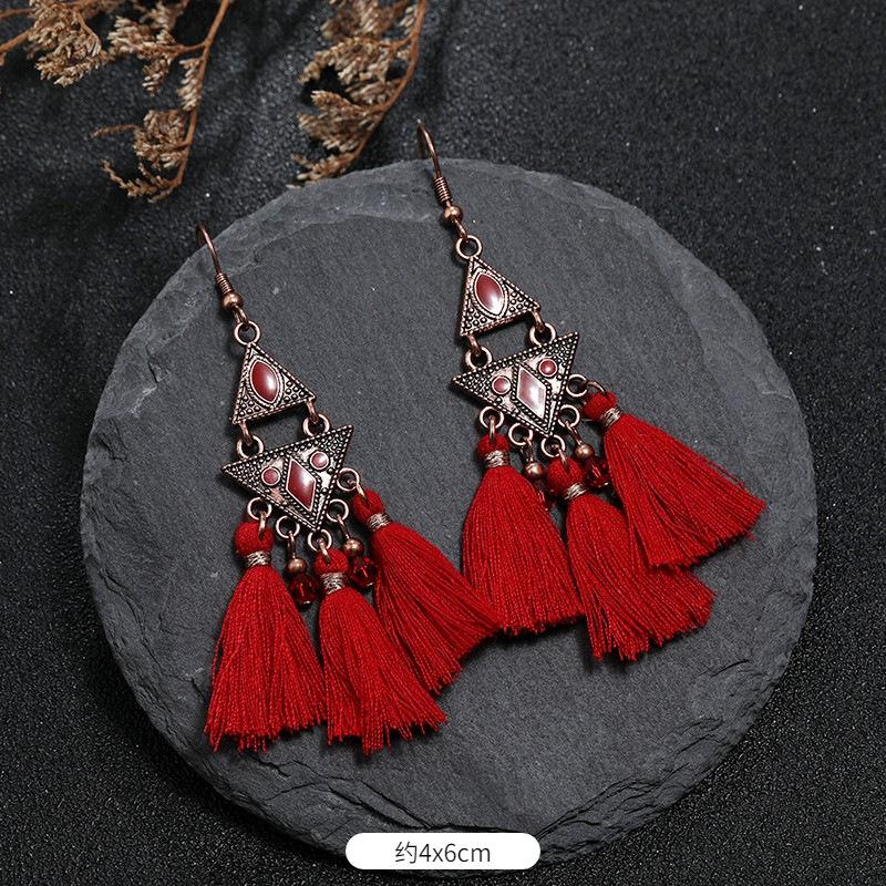 Vintage Bohemian Red Tassel Earrings Female Long Temperament Earrings Vacation Photography Bridal Earrings