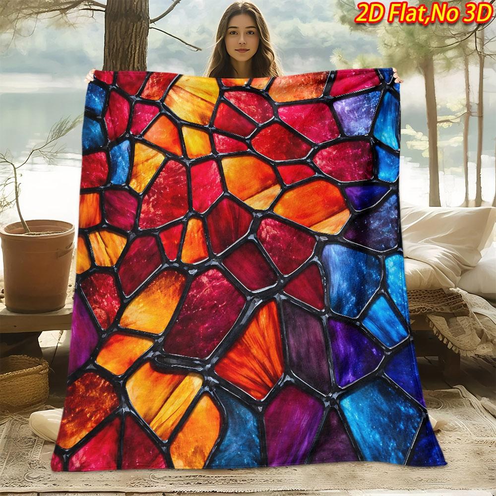 1pc 2D Flat Printing Spring & Summer New Arrival Colorful Mosaic Pattern Digital Print Blanket, Throw Blanket, Soft and Comfortable 100% Polyester Fib