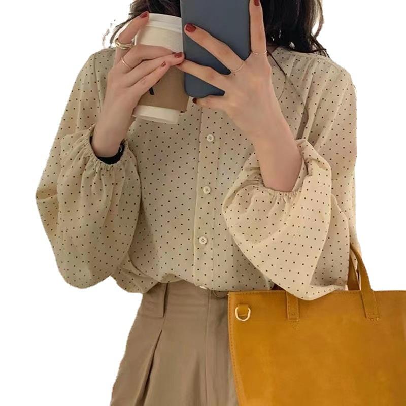 Retro French Temperament Polka Dot Printed Chiffon Shirt Versatile Bubble Sleeve Shirt Loose Top for Women