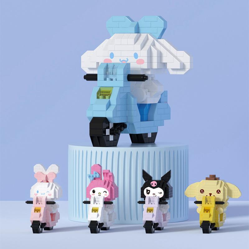 Interesting Toys Unisex Kawaii Sanrio Micro Building Blocks Pom Pom Purin 3D Model Assembled Motorcycle Melody Kuromi Cinnamoroll Mini Brick Figure Toys