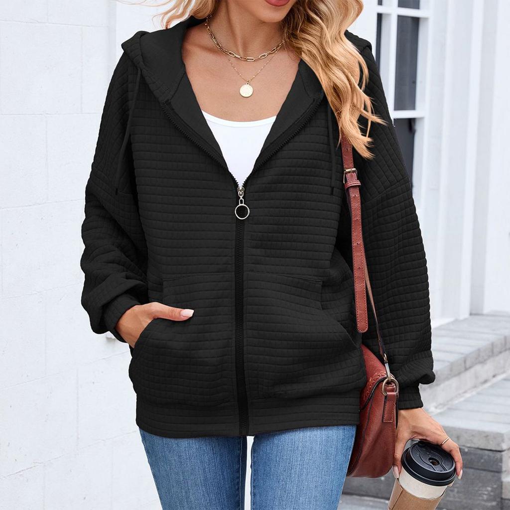 Women's Fashionable Solid Color Zipper Long Sleeved Hooded Pocket Sweatshirt Jacket