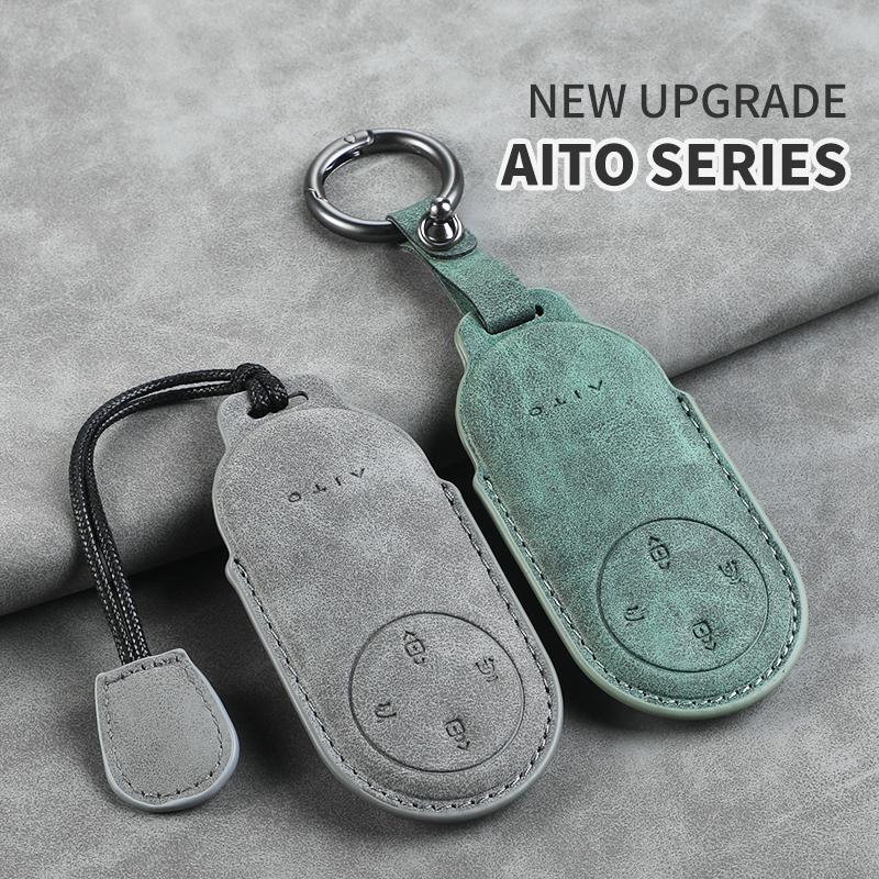 Leather Car Key Case Cover for Huawei AITO M5 M7 M9 3 /4 Buttons Car Remote Key Fob Shell Keychain
