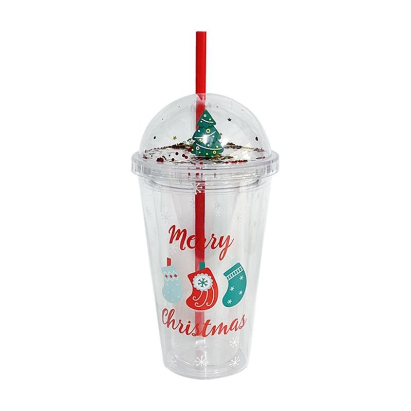 Bicchiere Riutilizzabile a Tema Natalizio con Cannuccia e Coperchio 450ml Adatto come Regalo per la Festa di Natale