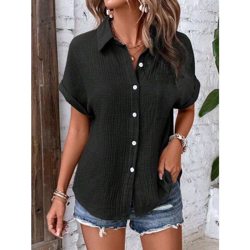 Summer Women's Shirt Solid Color Casual Bat Sleeve Button Up Shirt for Women