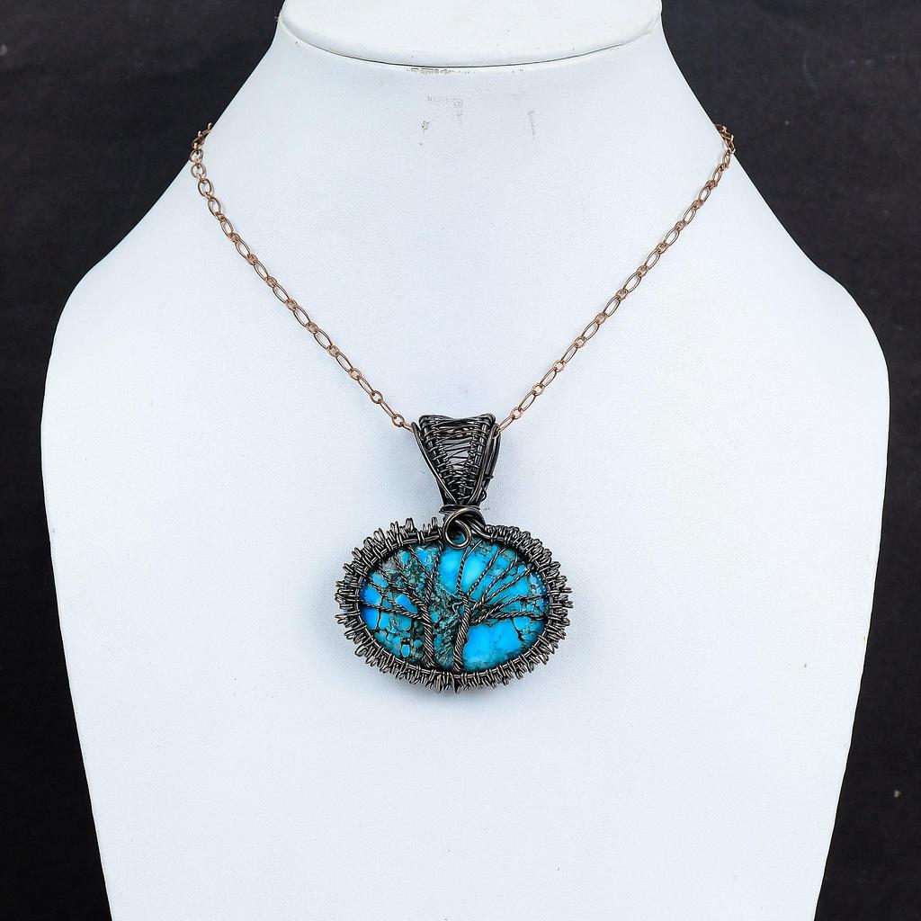 Amazing Tree Of Life Turquoise Gemstone Handmade Copper Wire Wrap Pendant Jewelry For Her