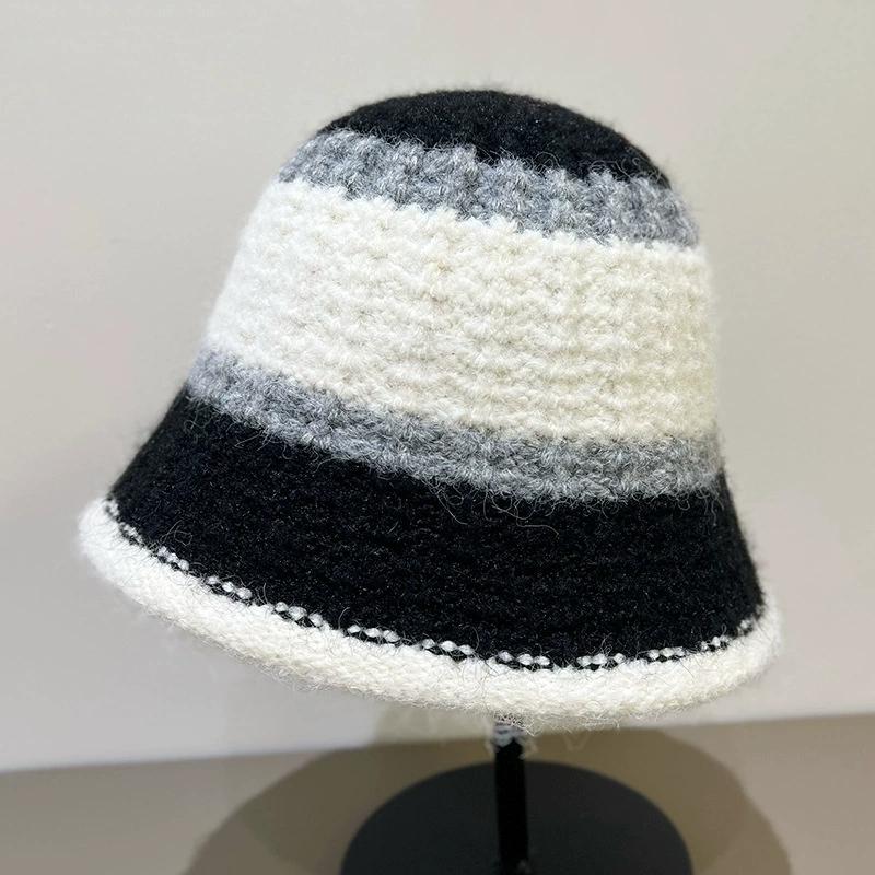 Wide-Striped Knitted Bucket Hat Large Head Circumference Warm Basin Hat Versatile Outdoor Cold-Proof Fisherman Hat
