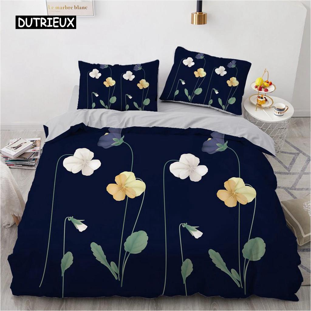 Plant Duvet Cover Set King Size Navy Blue Pink Leaf Plant Printed Chic Bedding Set Soft for All Seasons Polyester Quilt Cover
