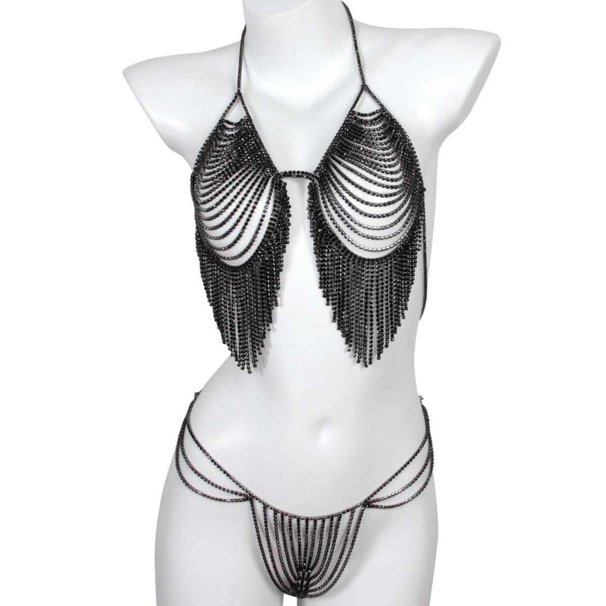 

Exaggerated Rhinestone Body Chain & Beach Bikini Set for Women Black