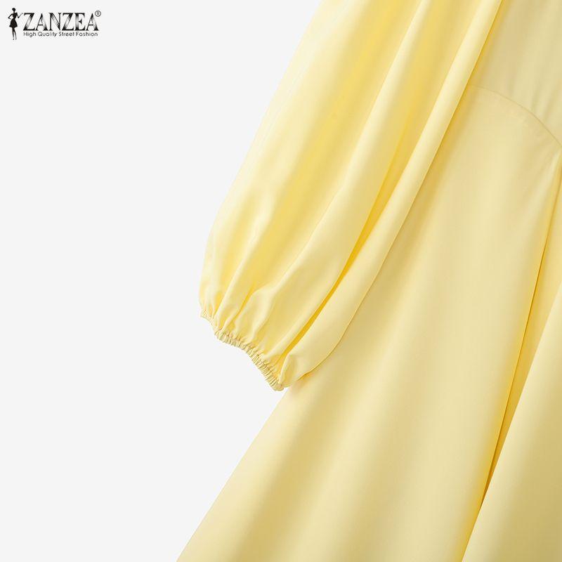 ZANZEA Women Elegant Square Collar Long Sleeve Lace Splice Hem Casual Long Dress