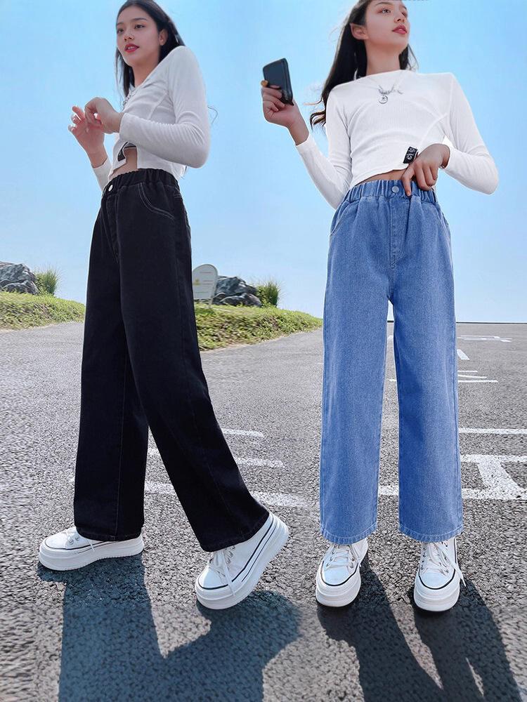 2025 Korean Style Girls' Autumn Wide Leg Jeans - Casual Loose Fit