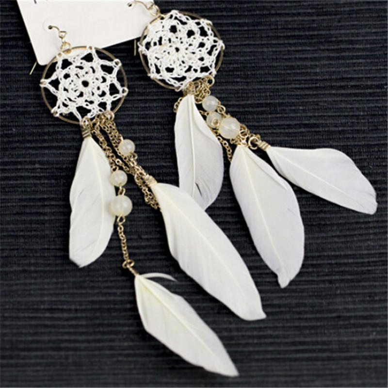New Bohemia Ethnic Feather Beads Long Design Dream Catcher Earrings For Women