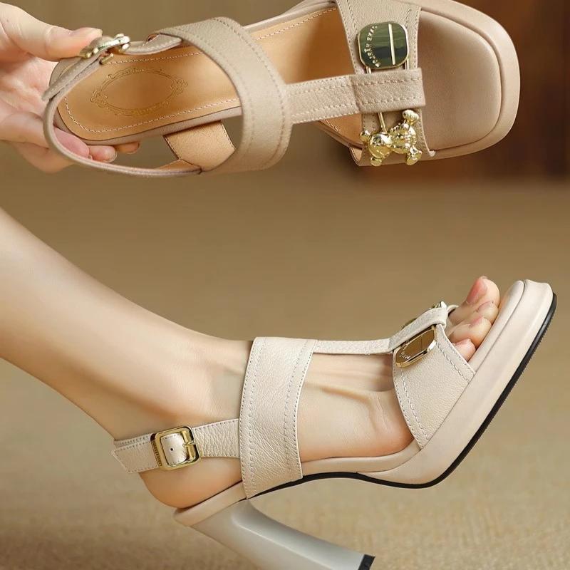 2025 Women's Fashion Sandals Metal Decoration One-line Buckle Square Heel Women Shoes Dress French Square Toe Sandalias De Mujer