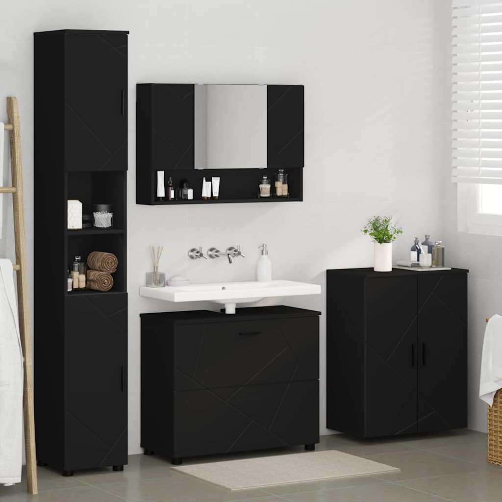 Bathroom Furniture Set with Door 4 Pcs Black Plywood and Metal
