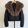 Womens Short Puffer Coat With Oversized Fox Fur Collar Warm Winter Outerwear Loose Fit Stylish Daily Wear