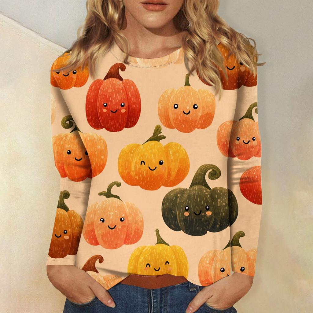Women's long-sleeved loose-necked Halloween print casual top , suitable for holiday parties