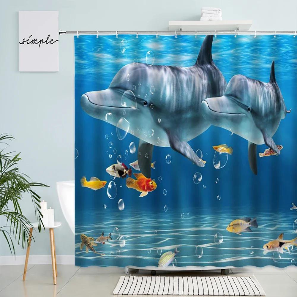 Dolphin Shark Shower Curtain Coral Tropical Fish Sea Turtle Underwater World Landscape Modern Children Bathroom Curtains Decor