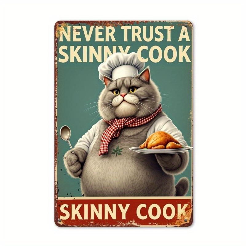 Vintage-Style Tin Sign "Never Trust a Slimy Chef" Rustic Metal Wall Art with Chef Cat Illustration, Metal Wall Art Decor