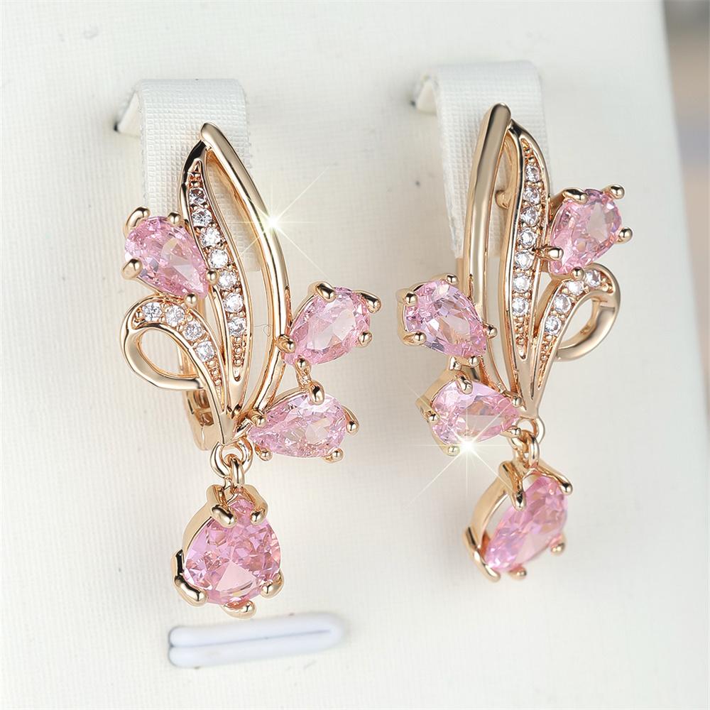 Orecchini a cerchio con fiore di cristallo rosa a forma di goccia d'acqua per donna, fibbia per orecchio color oro vintage, gioielli da sposa, regalo per festa di fidanzamento
