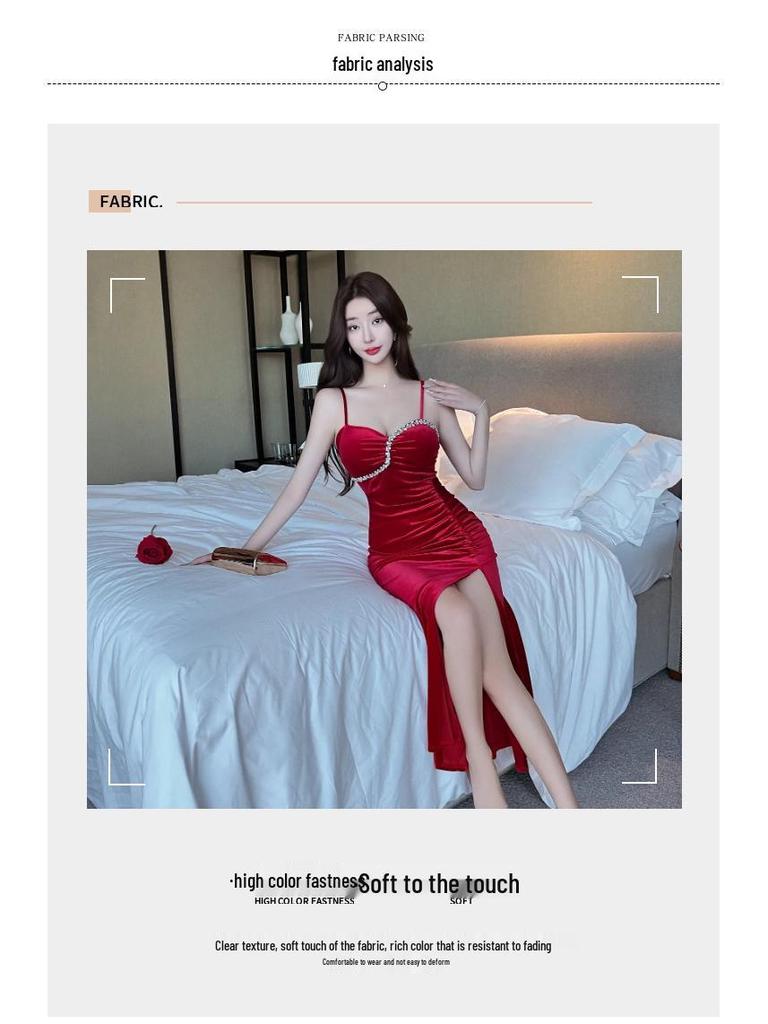 Elegant Gold Velvet Low-Cut Camisole Dress with High-Slit – Perfect for Formal Banquets