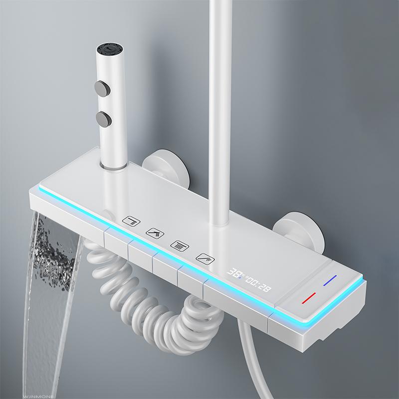 Moderne Badezimmer Duschsystem Set Glaspaneel Badewanne Regen LED Anzeige Regendusche Mischbatterie Thermostatarmatur mit Licht