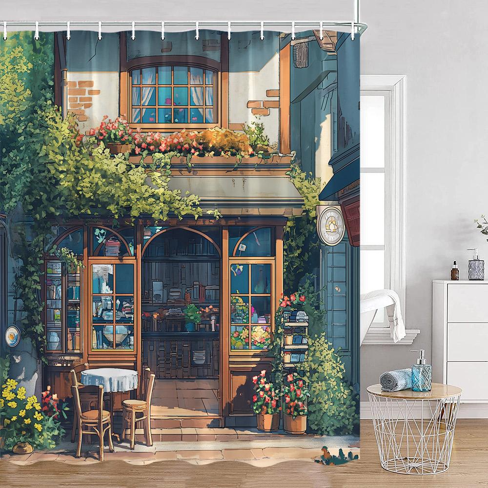 Hand-painted Street View Shower Curtains European Garden Cafe Green Plants Flowers Greenery Bathroom Decor Modern Bath Curtain