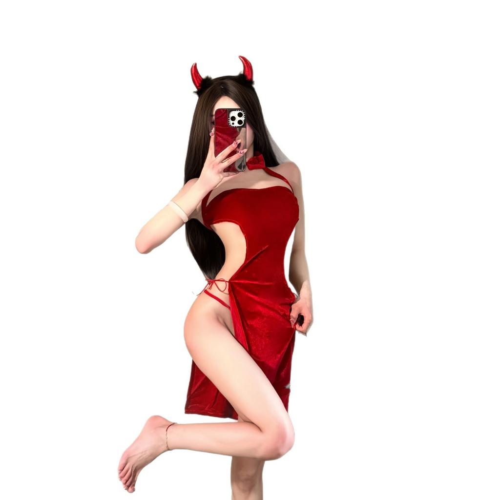 Sex Underwear Velvet Cheongsam Passion Temptation Bed Fast-break Straps Hollow Slim Hip-wrapped Pajamas