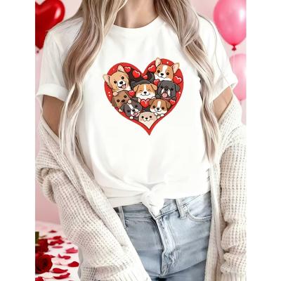 Europäische Größe Valentinstag Hundedruck Damen-T-Shirt | Lässig Kurzarm, Leicht dehnbarer Stoff, Ideal für Frühling/Sommer