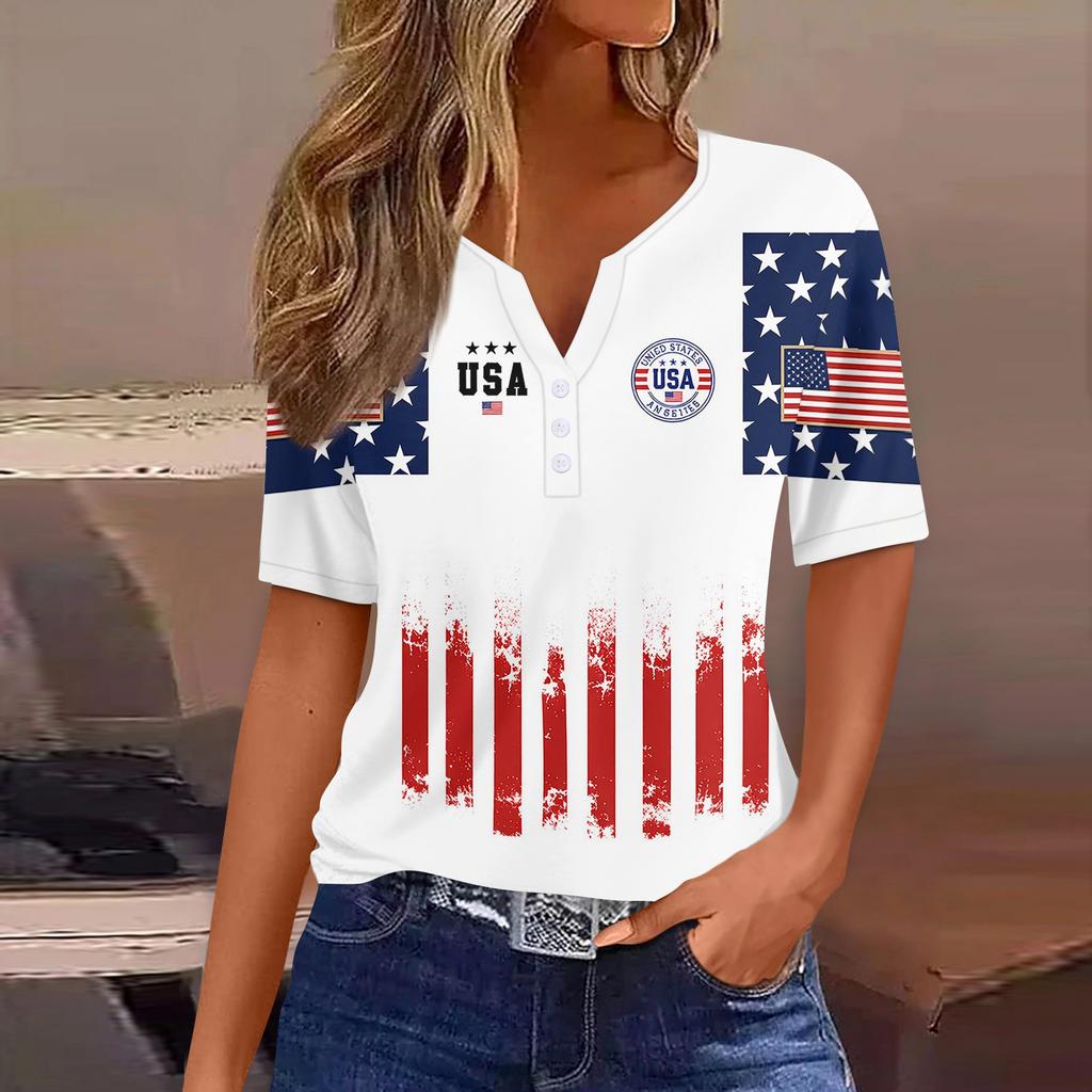 Women's Fashion Casual Independence Day Print V-Neck Short Sleeve Button-Up T-Shirt Top