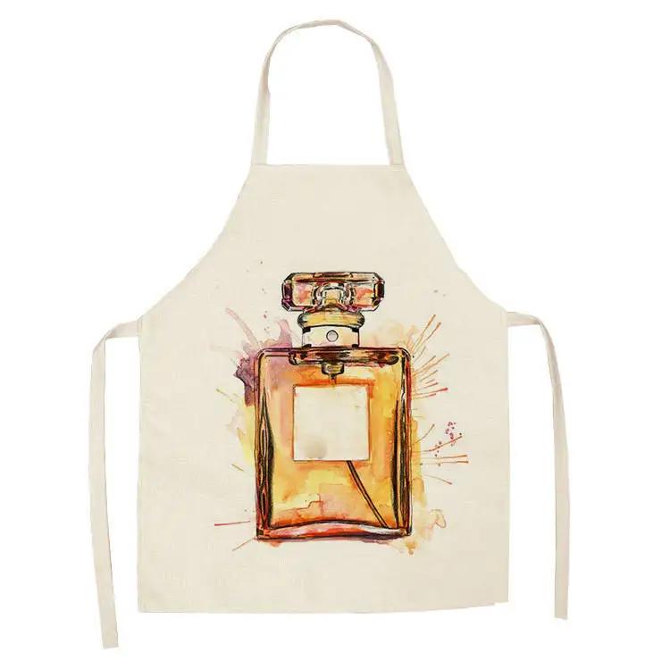 Linen Bib Hand Painted Floral Perfume Bottle Printed Apron Kitchen Antifouling Apron Unisex Dinner Cooking Bib Funny Apron 47x38cm child size