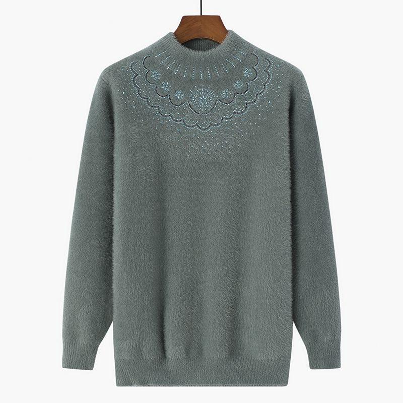 Fashionable Fleece-Lined Grandma's Knit Sweater: Half-High Collar, Imitation Mink Hair, Plus Size