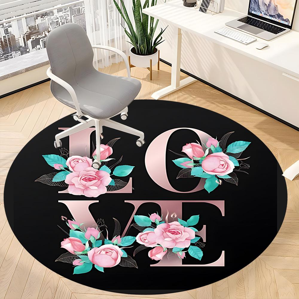 1 st Blommigt Kärlekstryck Stolmatta för Kontor, Rund Polyestermatta, Inomhusdekor för Kontor, Lättskött Tyg, Tvättbar Halkfri Områdesmatta