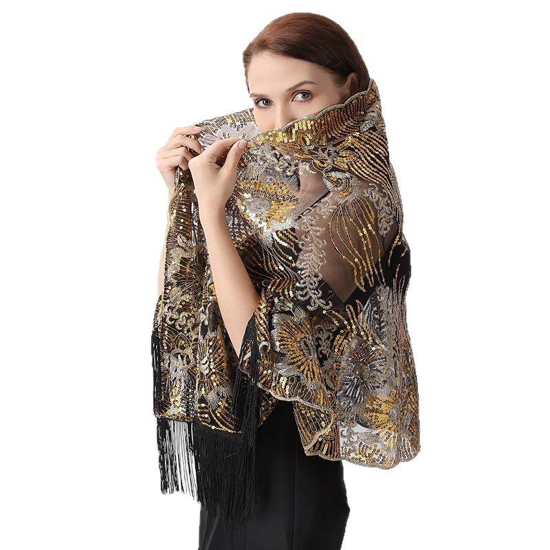 60*190cm Women's Mesh Sequin Cape Fringed Evening Shawl Wrap Glittering Scarf