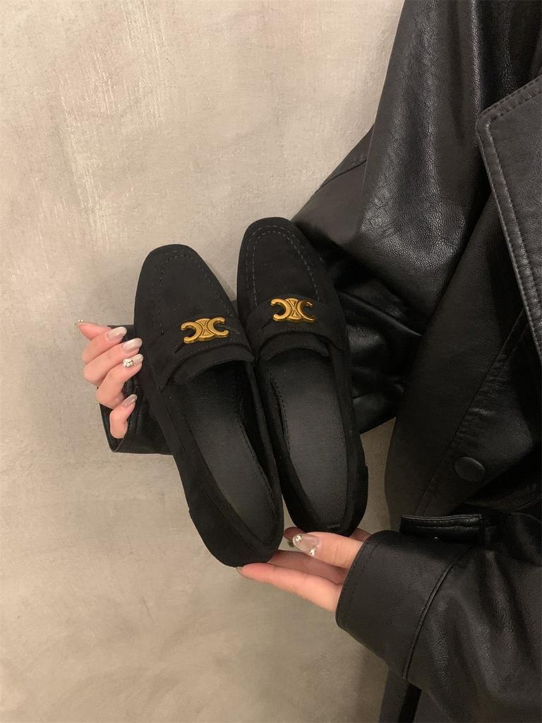 British style round head simple retro suede small leather shoes flat bottom one pedal outside wear versatile commuter shoes