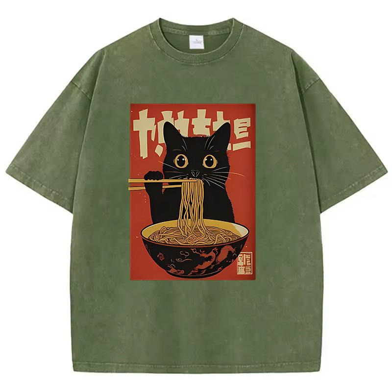 T Shirt Vintage Washed 100% Cotton T-Shirt Black Retro Cat Eating Ramen Graphic Tee Casual Streetwear for Spring Summer