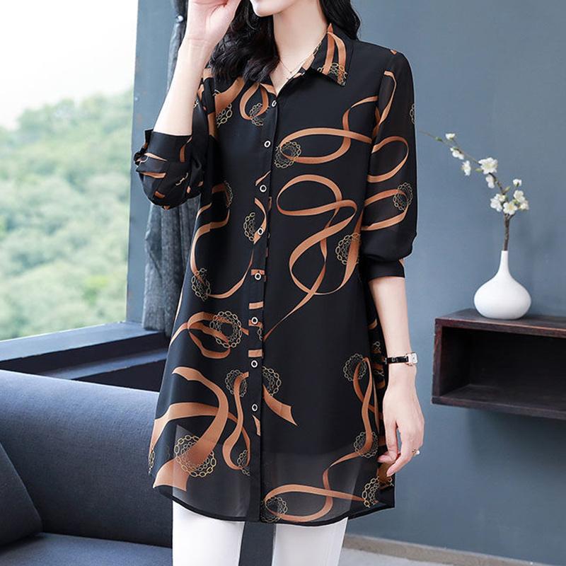 Nueva Blusa Suave y Cómoda de Verano para Mujer Cuello Solapa Botones Arriba Holgada Casual Camisa de Gasa Estampada Manga Larga Cárdigan Midi