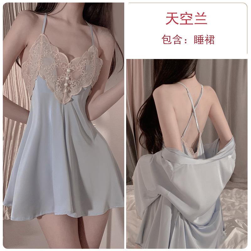 Sexy Cross Backless Deep V Seduction Lace Splicing Satin Nightdress Robe Women's Home Suit