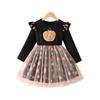 New Halloween Appliqué Mesh Dress with Pumpkin Print & Short Sleeves
