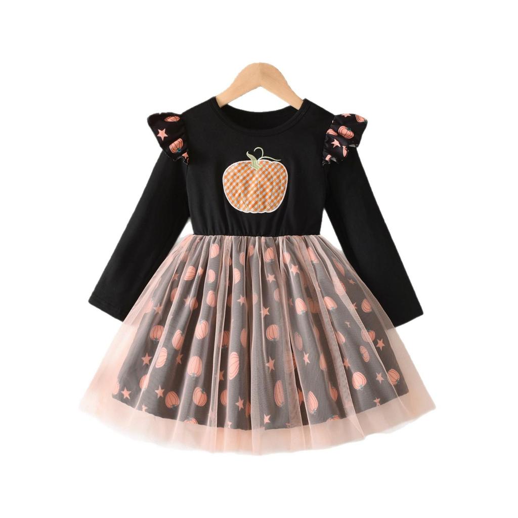New Halloween Appliqué Mesh Dress with Pumpkin Print & Short Sleeves
