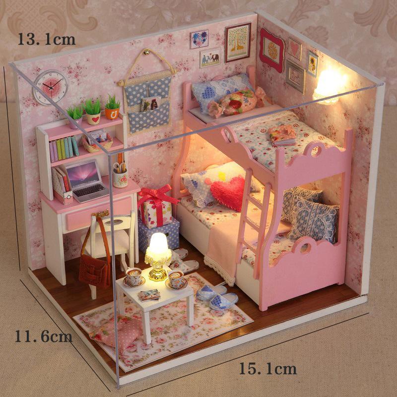 Casă de păpuși mini din lemn, puzzle 3D de asamblat, model de construcție, jucării, decorațiune pentru casă, dormitor, cu mobilier, lumini LED, jucărie, cadouri de Crăciun