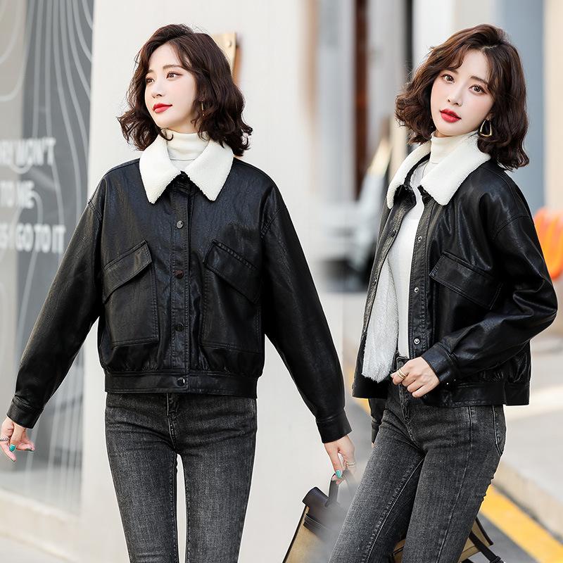 Genuine Leather Jacket Women's Short Autumn and Winter New Korean Style Velvet Sheepskin Cotton Jacket Casual Jacket